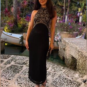 Vintage Niteline Della Roufogali Black/Gold Beaded Dress 100% Silk Gorgeus!